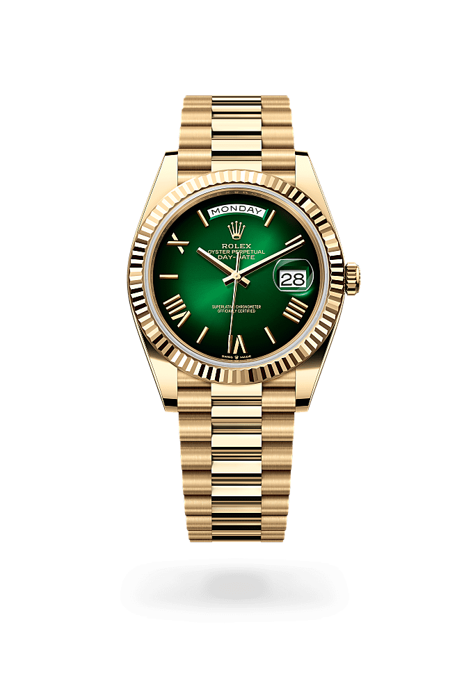 Day-Date 40, Oyster, 40 mm, emas kuning, Permukaan : Ombre hijau, Rolex