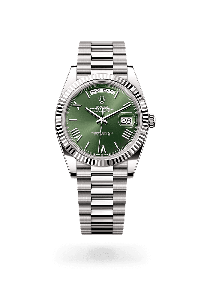 Day-Date 40, Oyster, 40 mm, emas putih, Permukaan : Hijau buah zaitun, Rolex