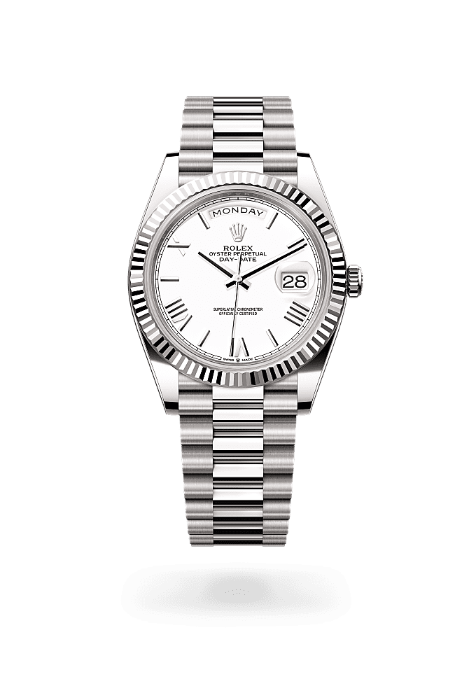 Day-Date 40, Oyster, 40 mm, emas putih, Permukaan : Putih, Rolex