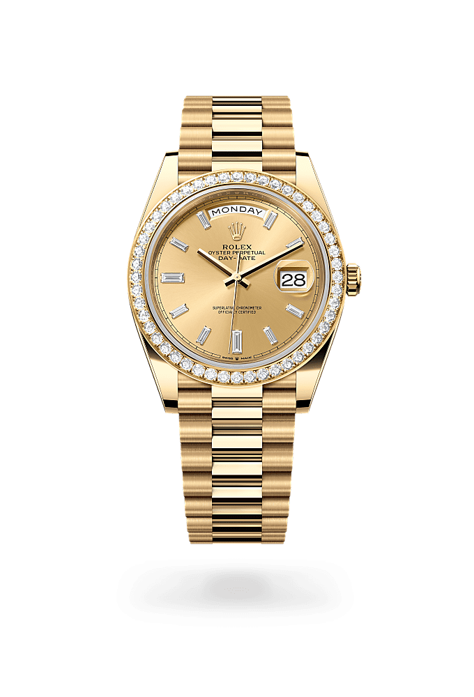 Day-Date 40, Oyster, 40 mm, emas kuning dan berlian, Permukaan : Warna Champagne dipasangkan dengan berlian, Rolex