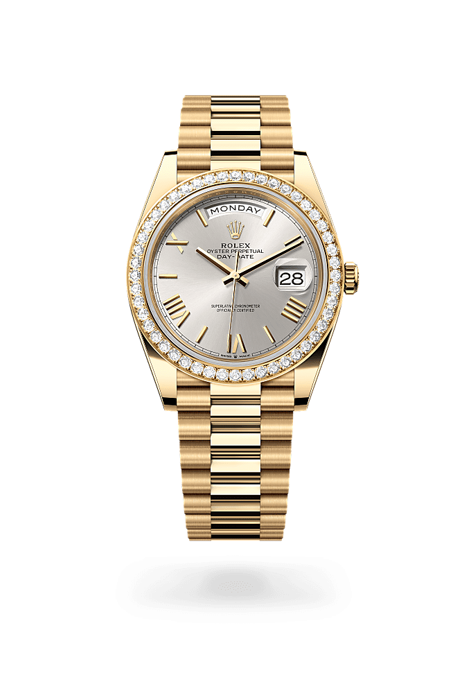 Day-Date 40, Oyster, 40 mm, yellow gold and diamonds, Dial : Silver, Rolex