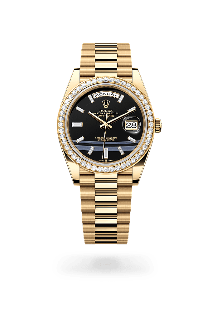 Day-Date 40, Oyster, 40 mm, emas kuning dan berlian, Permukaan : Oniks bertatahkan berlian, Rolex