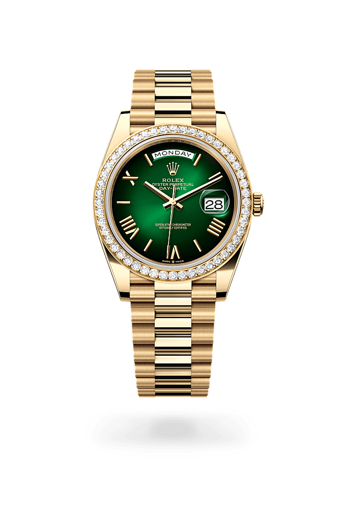 Day-Date 40, Oyster, 40 mm, emas kuning dan berlian, Permukaan : Ombre hijau, Rolex