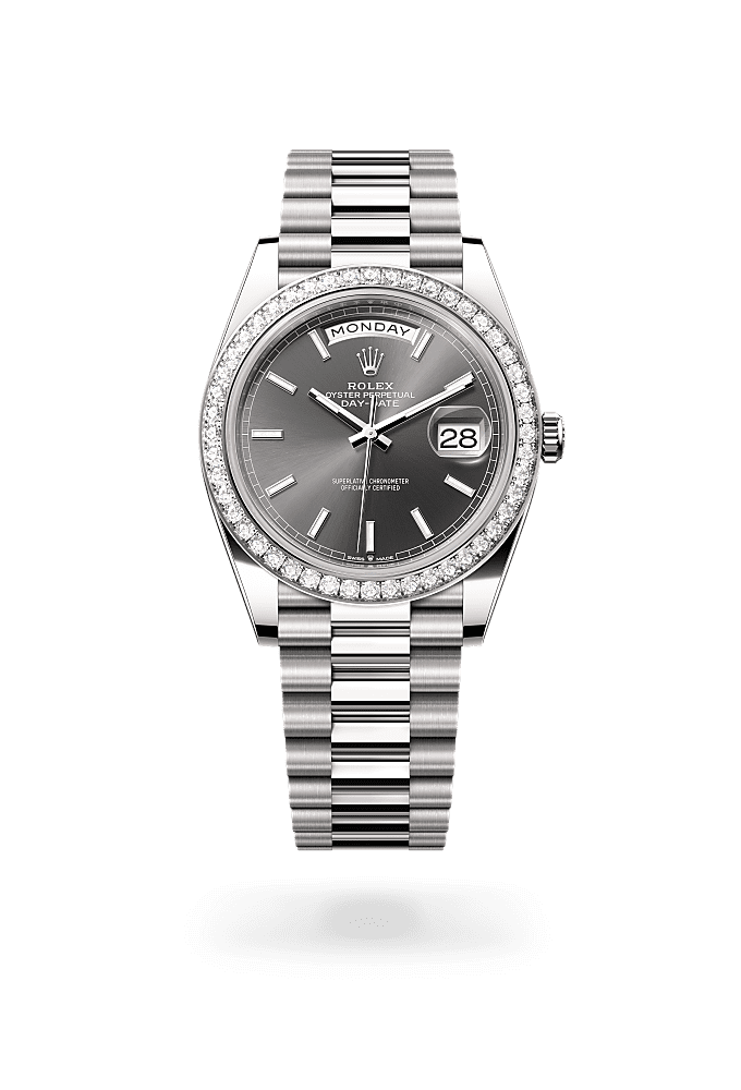 Day-Date 40, Oyster, 40 mm, emas putih dan berlian, Permukaan : Batu loh, Rolex