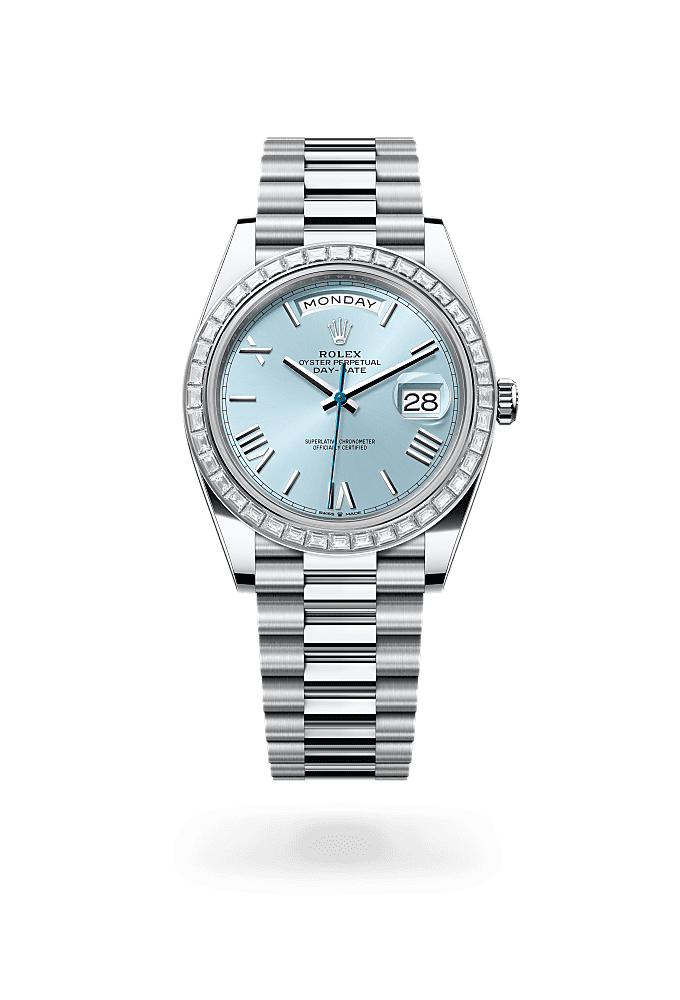 Day-Date 40, Oyster, 40 mm, platino e diamanti, Quadrante : Blu ghiaccio, Rolex