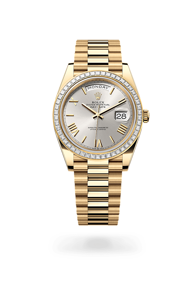 Day-Date 40, Oyster, 40 mm, yellow gold and diamonds, Dial : Silver, Rolex