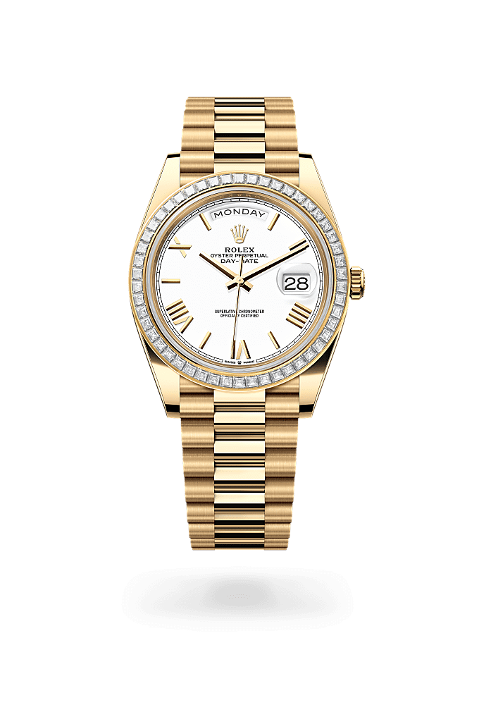 Day-Date 40, Oyster, 40 mm, emas kuning dan berlian, Permukaan : Putih, Rolex