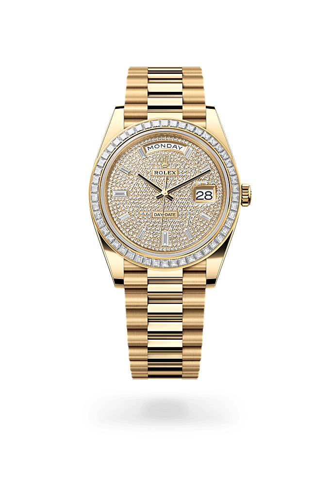 Day-Date 40, Oyster, 40 mm, emas kuning dan berlian, Permukaan : Berturap berlian, Rolex