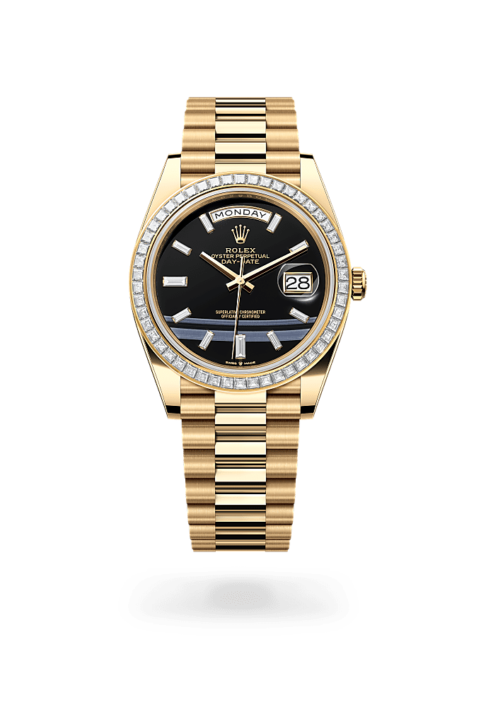 Day-Date 40, Oyster, 40 mm, emas kuning dan berlian, Permukaan : Oniks bertatahkan berlian, Rolex