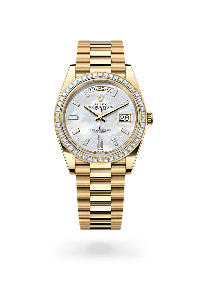 Day-Date 40, Oyster, 40 mm, yellow gold and diamonds, Dial : White mother-of-pearl set with diamonds, Rolex