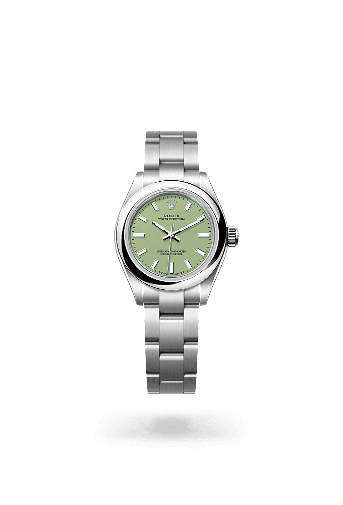Oyster Perpetual 28, Oyster, 28 mm, Oystersteel, Dial : <i>Pistachio</i>, Rolex