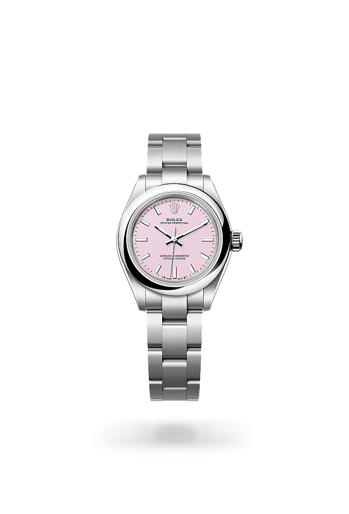 Oyster Perpetual 28, Oyster, 28 mm, Oystersteel, Dial : <i>Candy pink</i>, Rolex