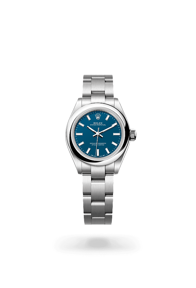 Oyster Perpetual 28, 蠔式，28毫米，蠔式鋼, 錶面 : <i>Med blue</i>, Rolex