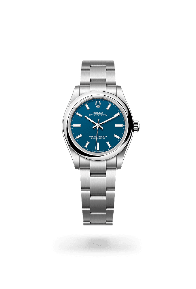 Oyster Perpetual 31, Oyster, 31 mm, acero Oystersteel, Esfera : <i>Med blue</i>, Rolex