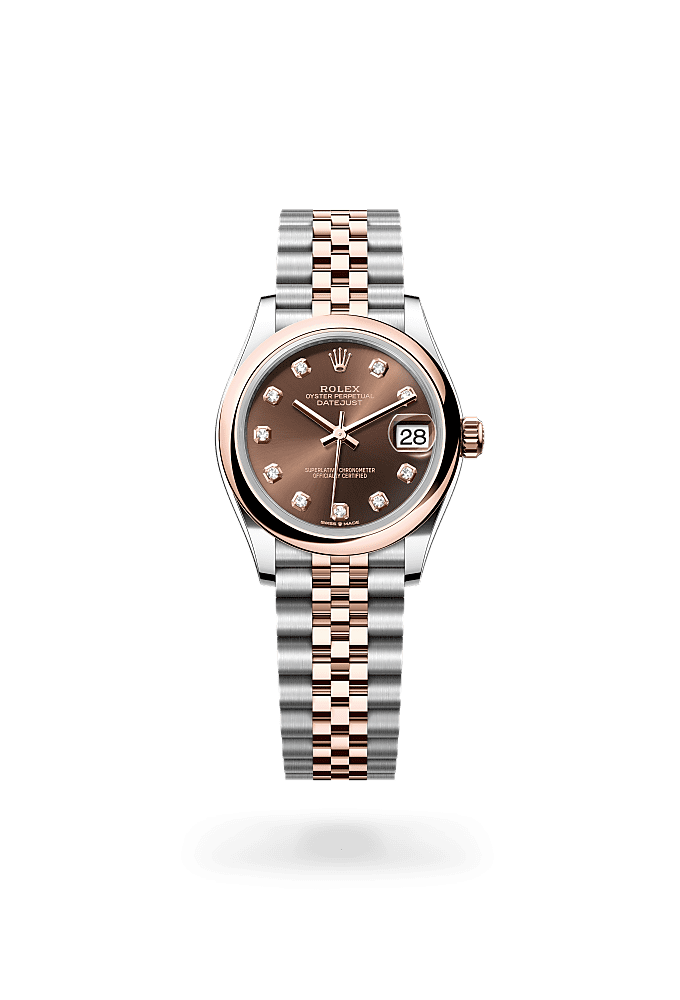 Datejust 31, Oyster, 31 mm, thép Oystersteel và vàng Everose, Mặt đồng hồ : Màu sô-cô-la, nạm kim cương, Rolex