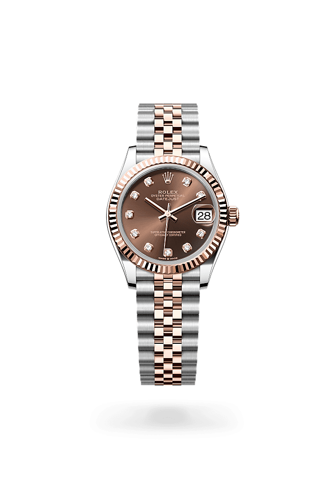 Datejust 31, Oyster, 31 mm, thép Oystersteel và vàng Everose, Mặt đồng hồ : Màu sô-cô-la, nạm kim cương, Rolex