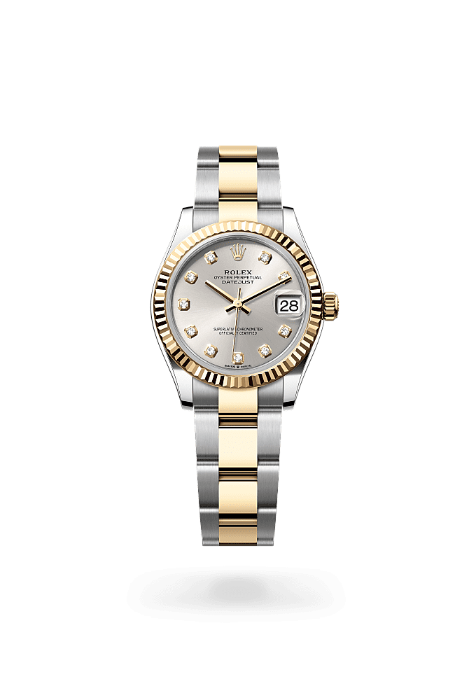 Datejust 31, Oyster, 31 mm, acero Oystersteel y oro amarillo, Esfera : Plateada engastada de diamantes, Rolex
