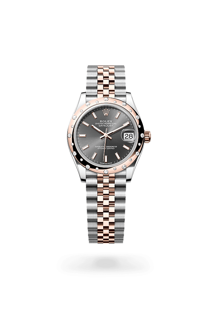 Datejust 31, Oyster, 31 มม., Oystersteel เอเวอร์โรสโกลด์และเพชร, หน้าปัด : สีเทาอมน้ำเงิน, Rolex