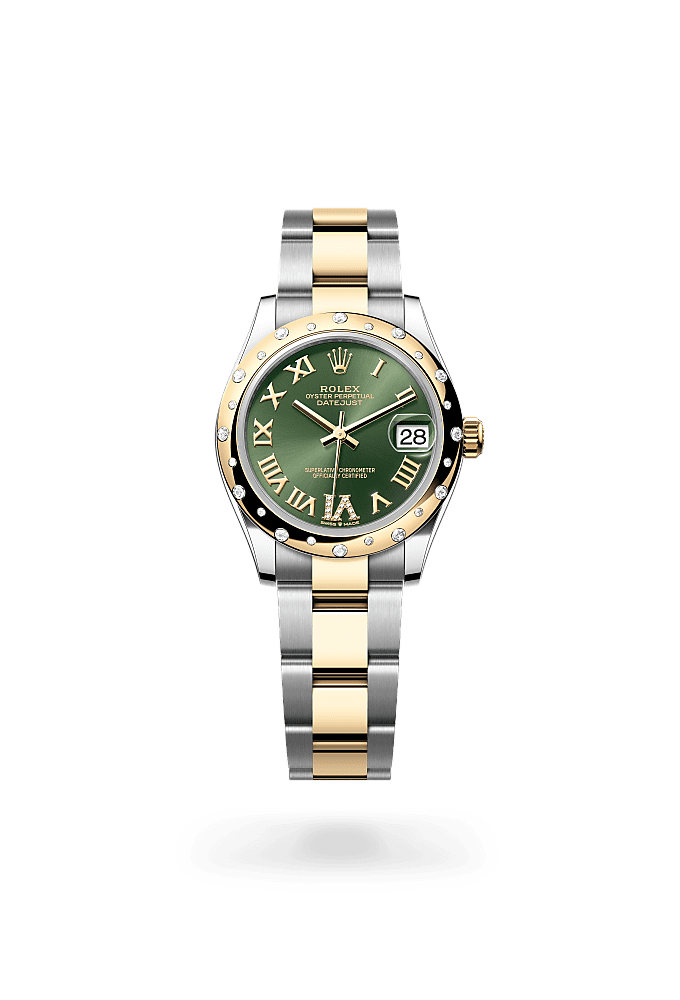 Datejust 31, Oyster, 31 mm, Oystersteel, yellow gold and diamonds, Dial : Olive green set with diamonds, Rolex