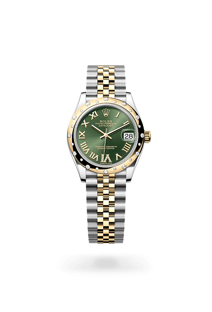 Datejust 31, Oyster, 31 mm, acero Oystersteel, oro amarillo y diamantes, Esfera : Verde oliva engastada de diamantes, Rolex