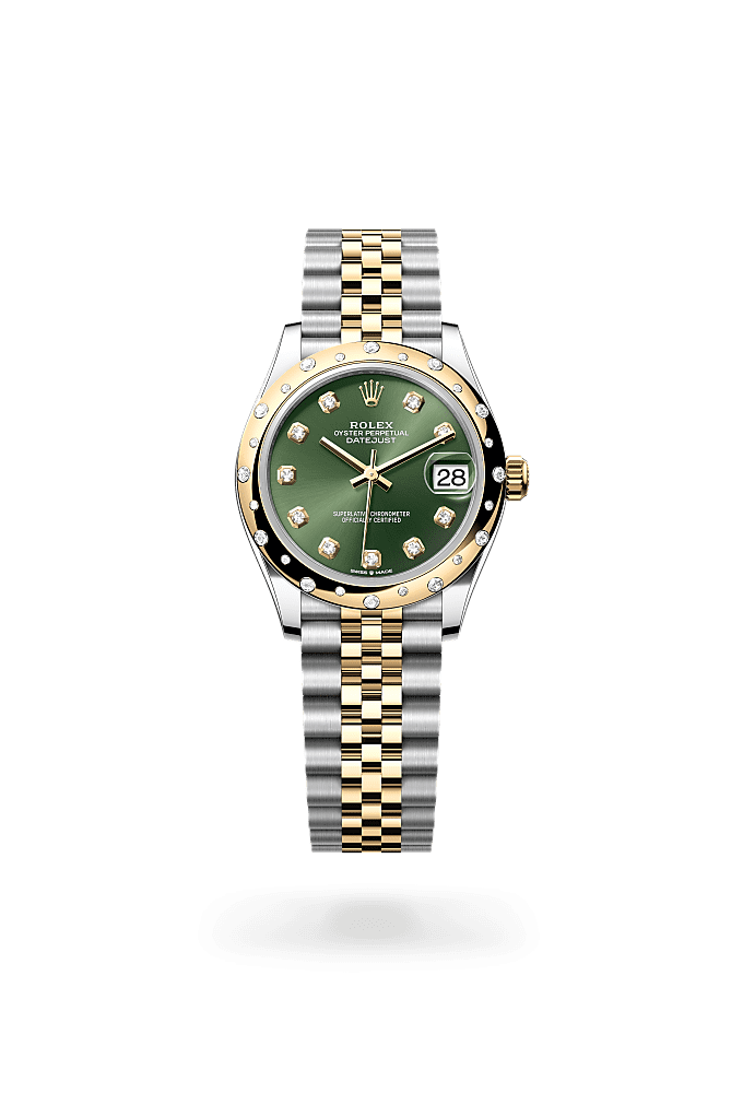 Datejust 31, Oyster, 31 mm, Oystersteel, yellow gold and diamonds, Dial : Olive green set with diamonds, Rolex