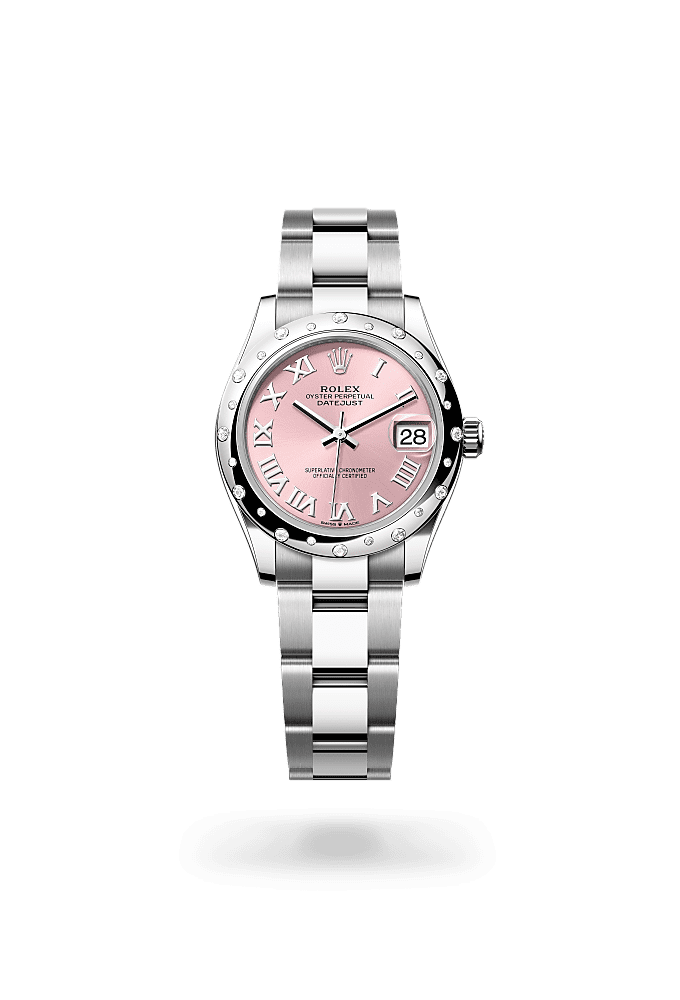 Datejust 31, Oyster, 31 mm, acero Oystersteel, oro blanco y diamantes, Esfera : Rosa, Rolex