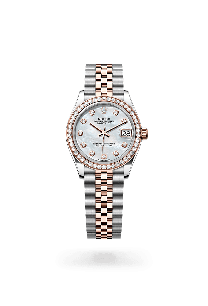 Datejust 31, Oyster, 31 มม., Oystersteel เอเวอร์โรสโกลด์และเพชร, หน้าปัด : ไข่มุกขาวประดับด้วยเพชร, Rolex