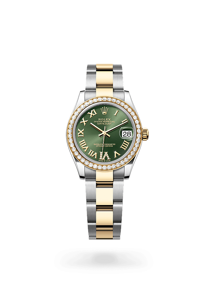 Datejust 31, Oyster, 31 mm, Oystersteel, yellow gold and diamonds, Dial : Olive green set with diamonds, Rolex