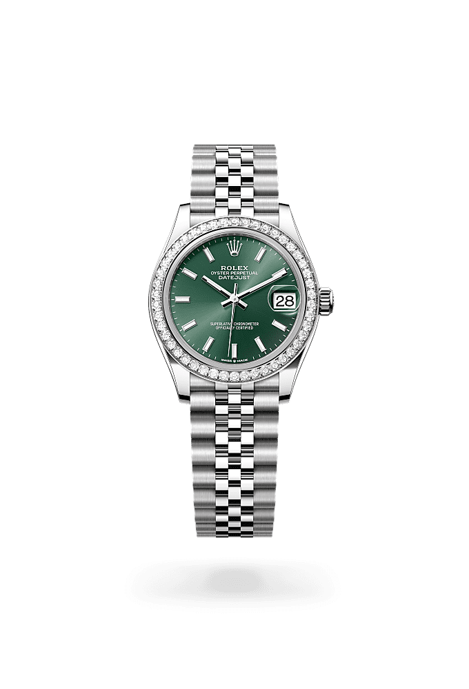 Datejust 31, Oyster, 31 mm, thép Oystersteel, vàng trắng và kim cương, Mặt đồng hồ : màu xanh bạc hà, Rolex
