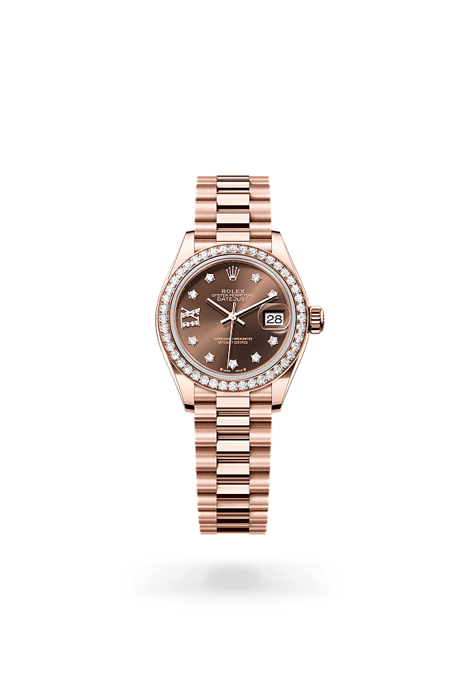 Lady-Datejust, Oyster, 28 mm, oro Everose y diamantes, Esfera : Chocolate engastada de diamantes, Rolex