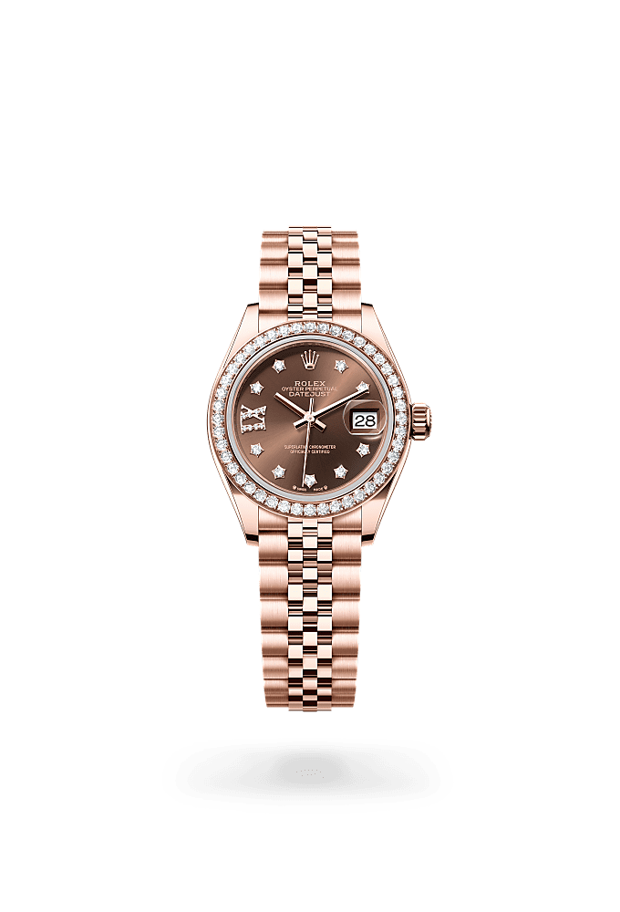 Lady-Datejust, Oyster, 28 mm, Everose gold and diamonds, Dial : Chocolate set with diamonds, Rolex
