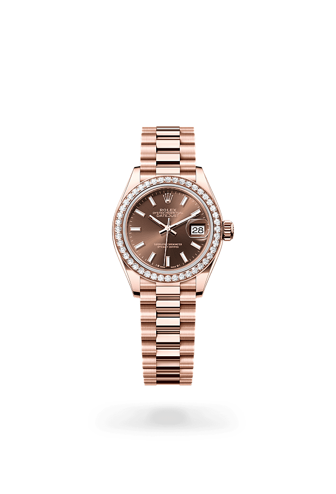 Lady-Datejust, Oyster, 28 mm, emas Everose dan berlian, Dial : Cokelat, Rolex