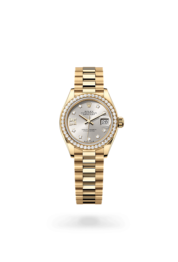 Lady-Datejust, Oyster, 28 mm, yellow gold and diamonds, Dial : Silver set with diamonds, Rolex