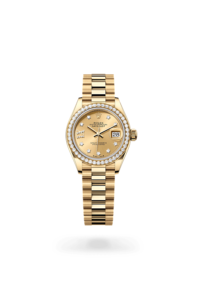 Lady-Datejust, Oyster, 28 mm, yellow gold and diamonds, Dial : Champagne-colour set with diamonds, Rolex