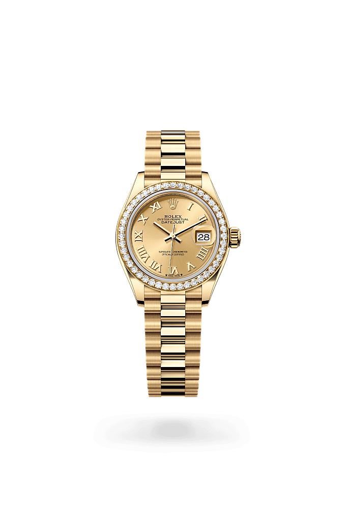 Lady-Datejust, Oyster, 28 mm, emas kuning dan berlian, Dial : Berwarna sampanye, Rolex