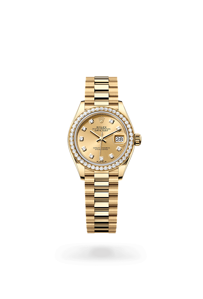 Lady-Datejust, Oyster, 28 mm, emas kuning dan berlian, Permukaan : Warna Champagne dipasangkan dengan berlian, Rolex