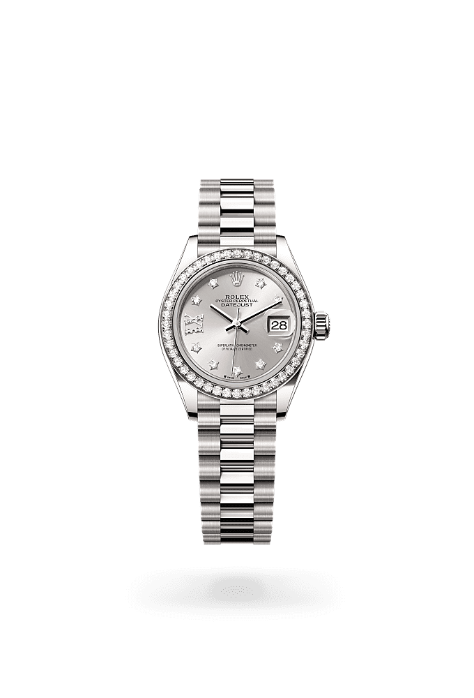 Lady-Datejust, Oyster, 28 mm, white gold and diamonds, Dial : Silver set with diamonds, Rolex
