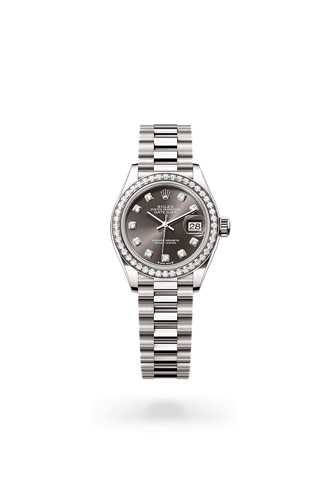 Lady-Datejust, Oyster, 28 mm, emas putih dan berlian, Permukaan : Kelabu tua dipasangkan dengan berlian, Rolex