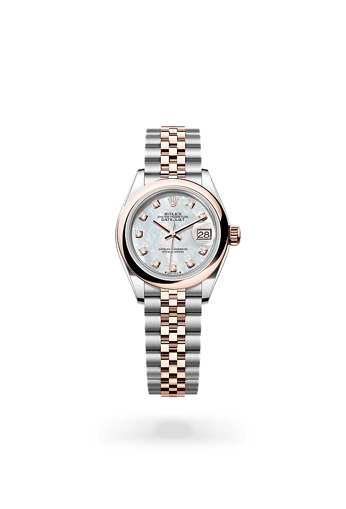 Lady-Datejust, Oyster, 28 mm, Oystersteel dan emas Everose, Dial : Tampilan lapisan kerang mutiara putih dengan berlian, Rolex