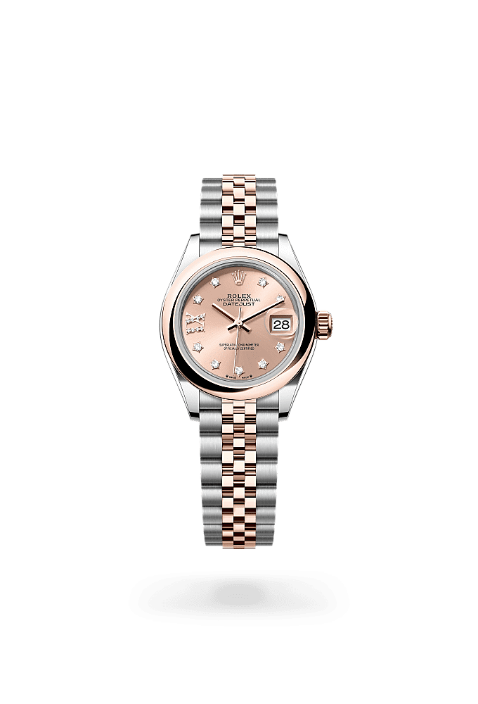 Lady-Datejust, Oyster, 28 mm, Oystersteel and Everose gold, Dial : Rosé-colour set with diamonds, Rolex