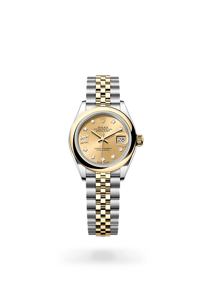 Lady-Datejust, Oyster, 28 mm, Oystersteel and yellow gold, Dial : Champagne-colour set with diamonds, Rolex