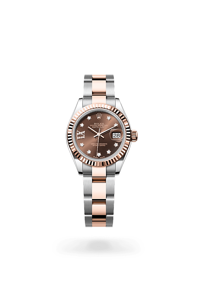 Lady-Datejust, Oyster, 28 mm, Oystersteel and Everose gold, Dial : Chocolate set with diamonds, Rolex