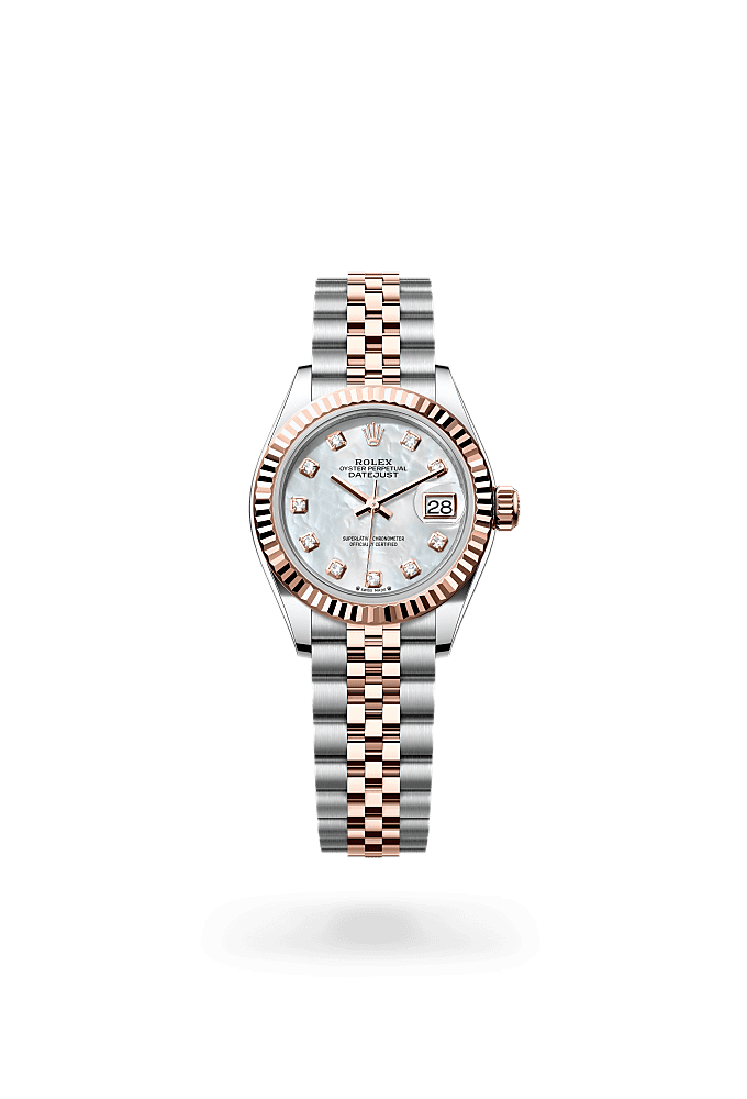 Lady-Datejust, Oyster, 28 mm, Oystersteel dan emas Everose, Dial : Tampilan lapisan kerang mutiara putih dengan berlian, Rolex