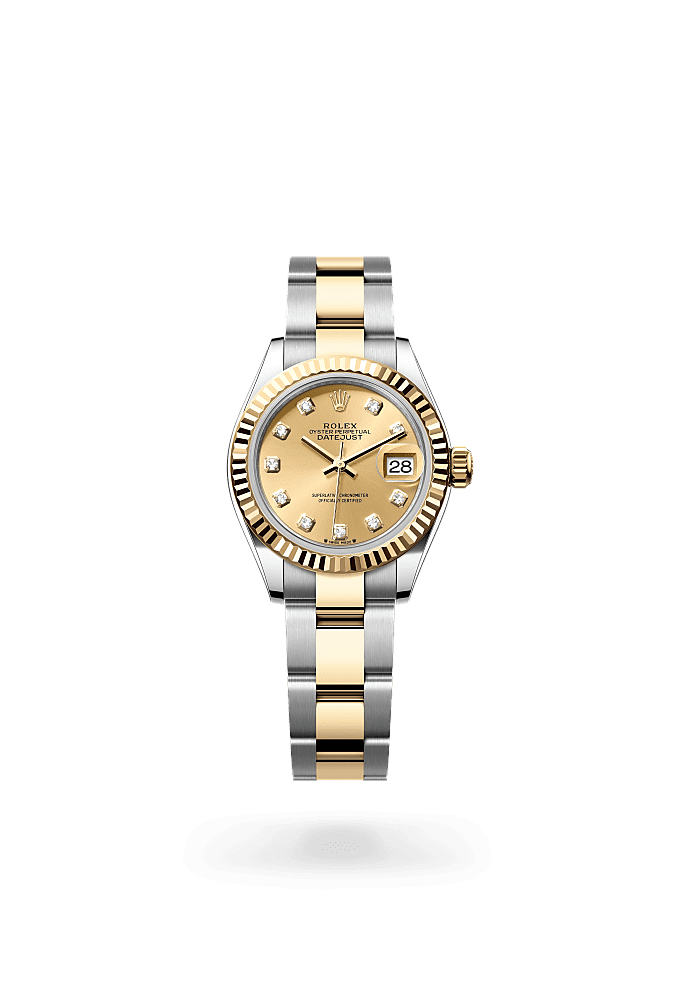 Lady-Datejust, Oyster, 28 มม., Oystersteel และทองคำ, หน้าปัด : สีแชมเปญประดับเพชร, Rolex