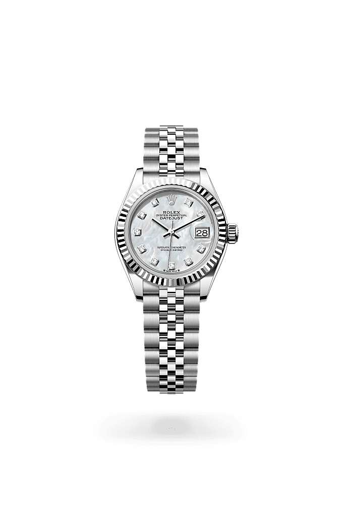 Lady-Datejust, Oyster, 28 mm, Oystersteel and white gold, Dial : White mother-of-pearl set with diamonds, Rolex