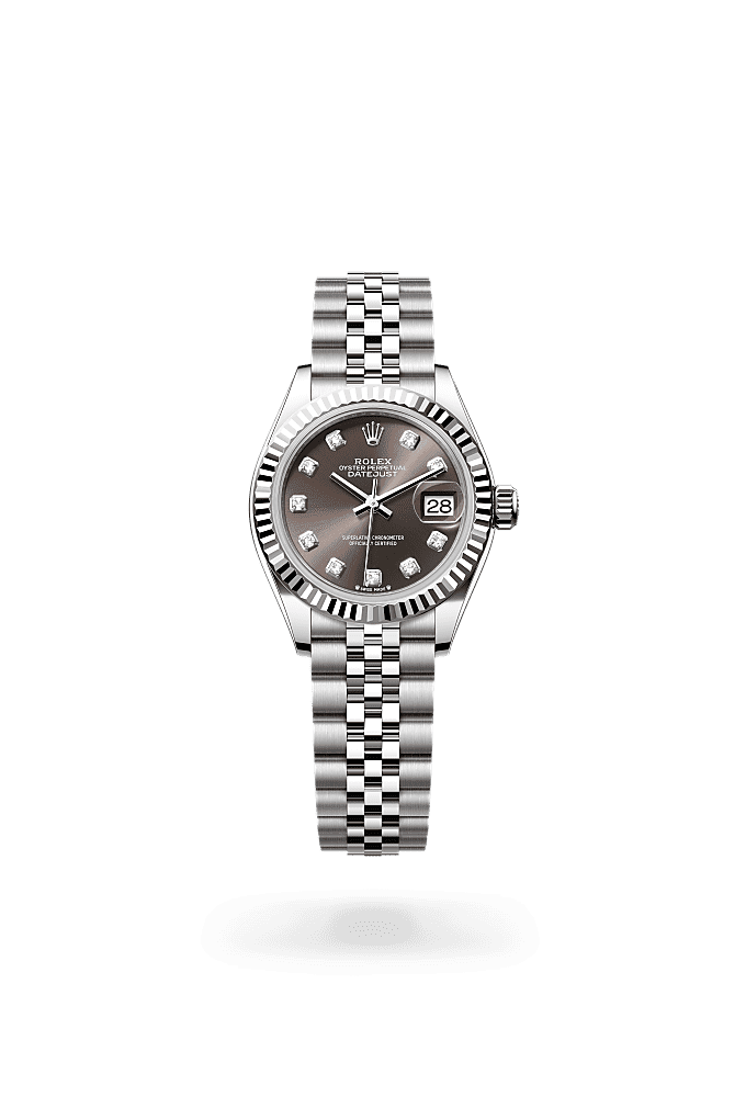 Lady-Datejust, Oyster, 28 มม., Oystersteel และทองคำขาว, หน้าปัด : สีดาร์คเกรย์ประดับเพชร, Rolex