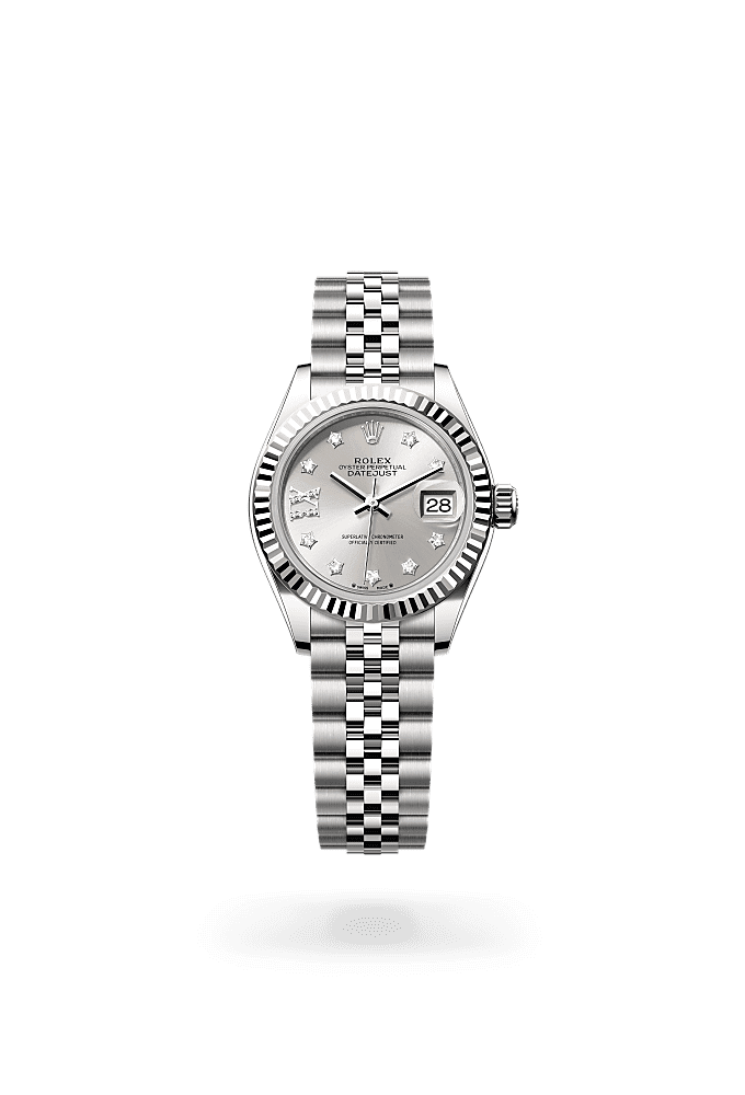 Lady-Datejust, Oyster, 28 mm, Oystersteel dan emas putih, Dial : Tampilan perak dengan berlian, Rolex