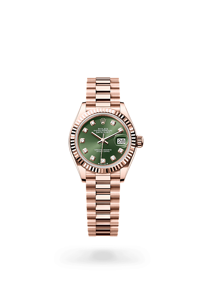 Lady-Datejust, Oyster, 28 mm, Everose gold, Dial : Olive green set with diamonds, Rolex