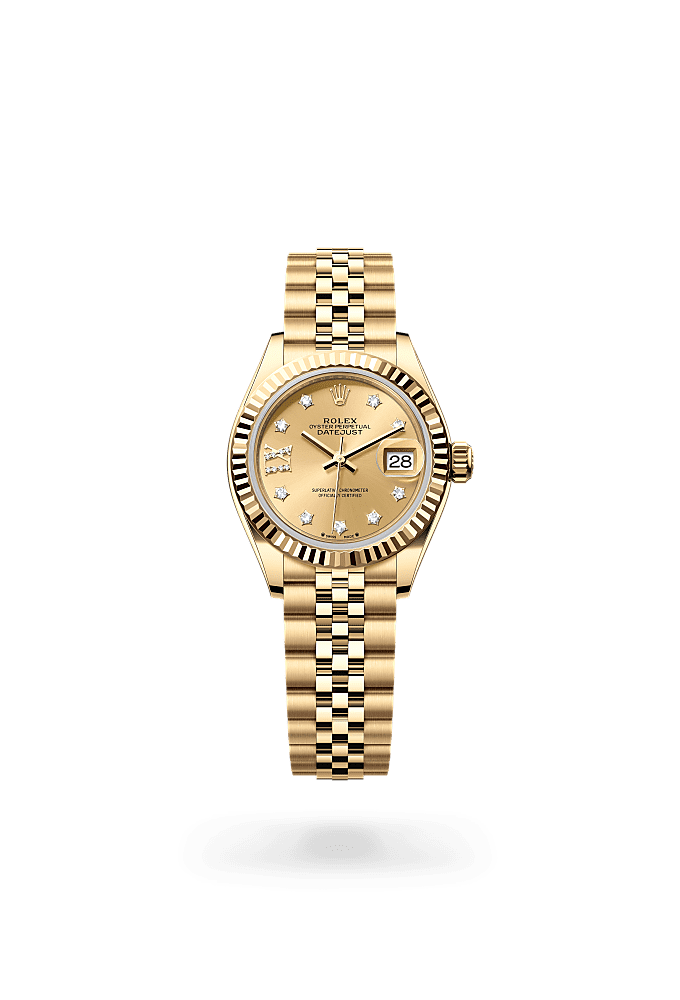 Lady-Datejust, Oyster, 28 mm, yellow gold, Dial : Champagne-colour set with diamonds, Rolex