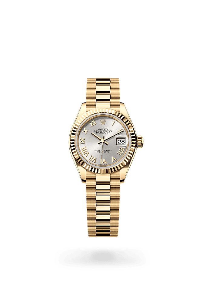 Lady-Datejust, Oyster, 28 mm, emas kuning, Permukaan : Perak, Rolex